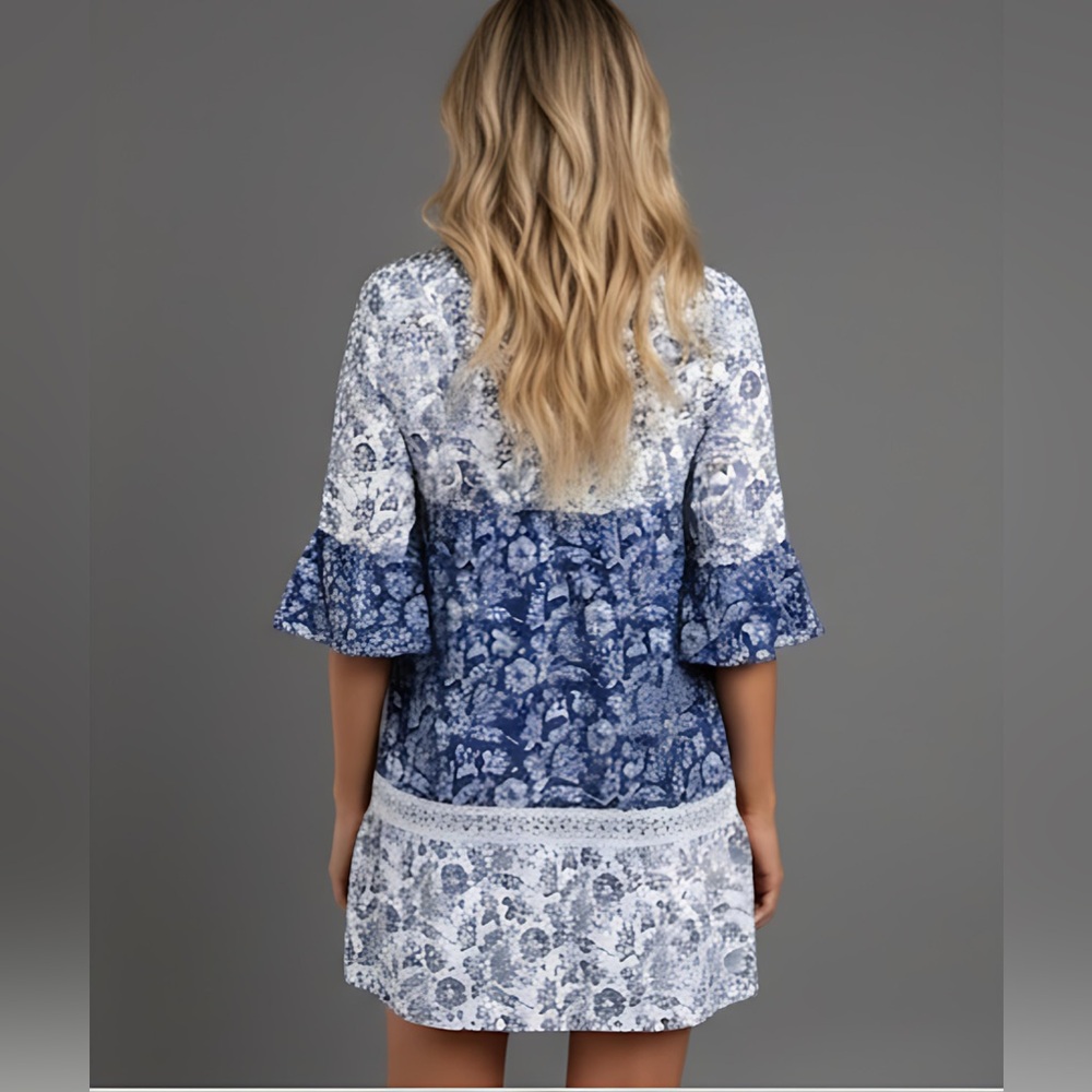 LAST ONE 🔥 Blue Boho Floral Print Lace Dress - Picture 4 of 6